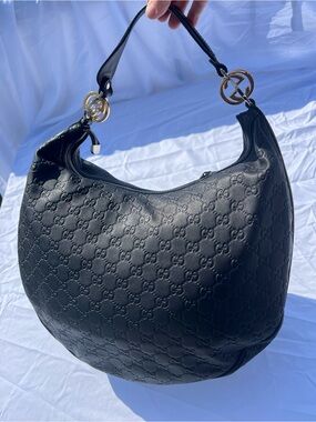 Gucci Black Embossed GG Leather Hobo with Gold-Tone Double G Accents